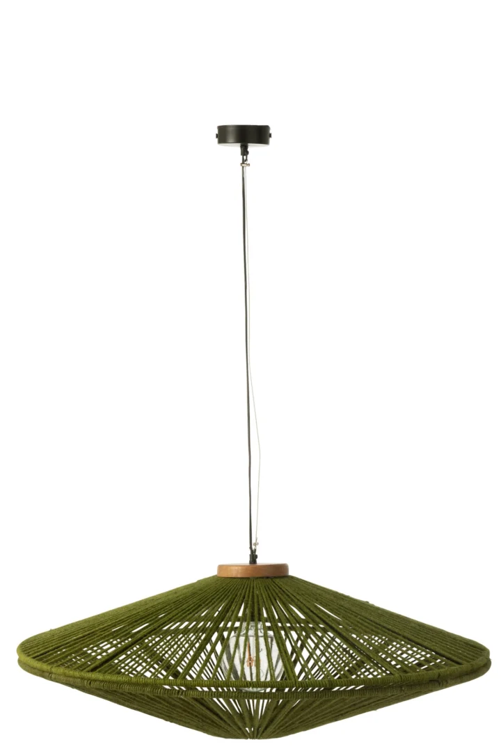 Hanglamp Hovano Groen met groene jute kap, mangohout accenten en luchtige, ronde vorm