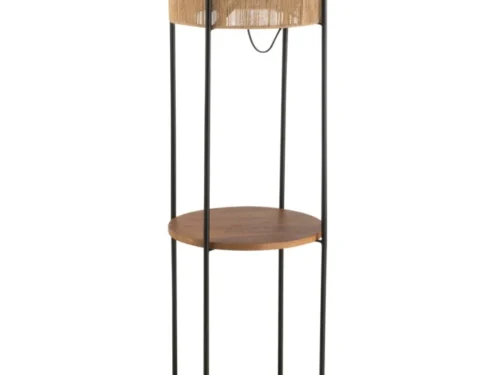Lamp Raskoro Zwart staand met jute kap, mangohouten planken en zwart metalen frame