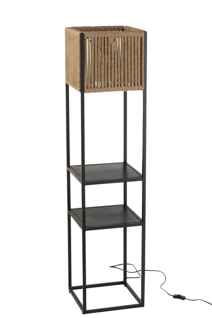 Lamp Biltak zwart vloerlamp met zwart ijzer en jute, vierkante vorm en open plankdesign
