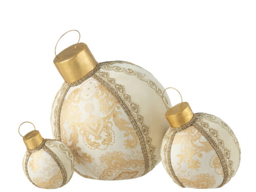 Kerstballen Melk Stof Goud, grote goudkleurige kerstballen met luxe stof en sierlijke ornamentprint