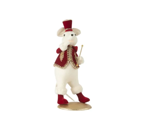 Decoratiefiguur Stirdor staande muis rood-goud met hoge hoed, staf en winterse details, H51 cm
