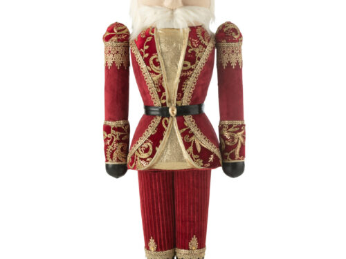 Staande Notenkraker Vitane stof rood met goudkleurige details, 148 cm hoog, feestelijke kerstdecoratie