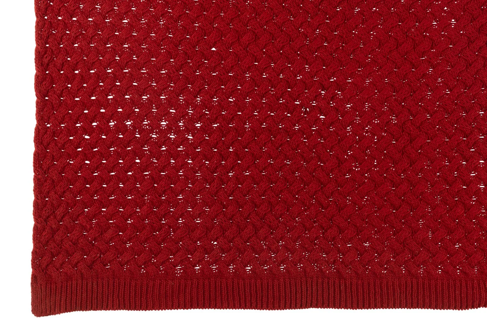 Plaid Kloosane Rood, rode gebreide plaid met open dessin en ribboord voor extra warmte en sfeer