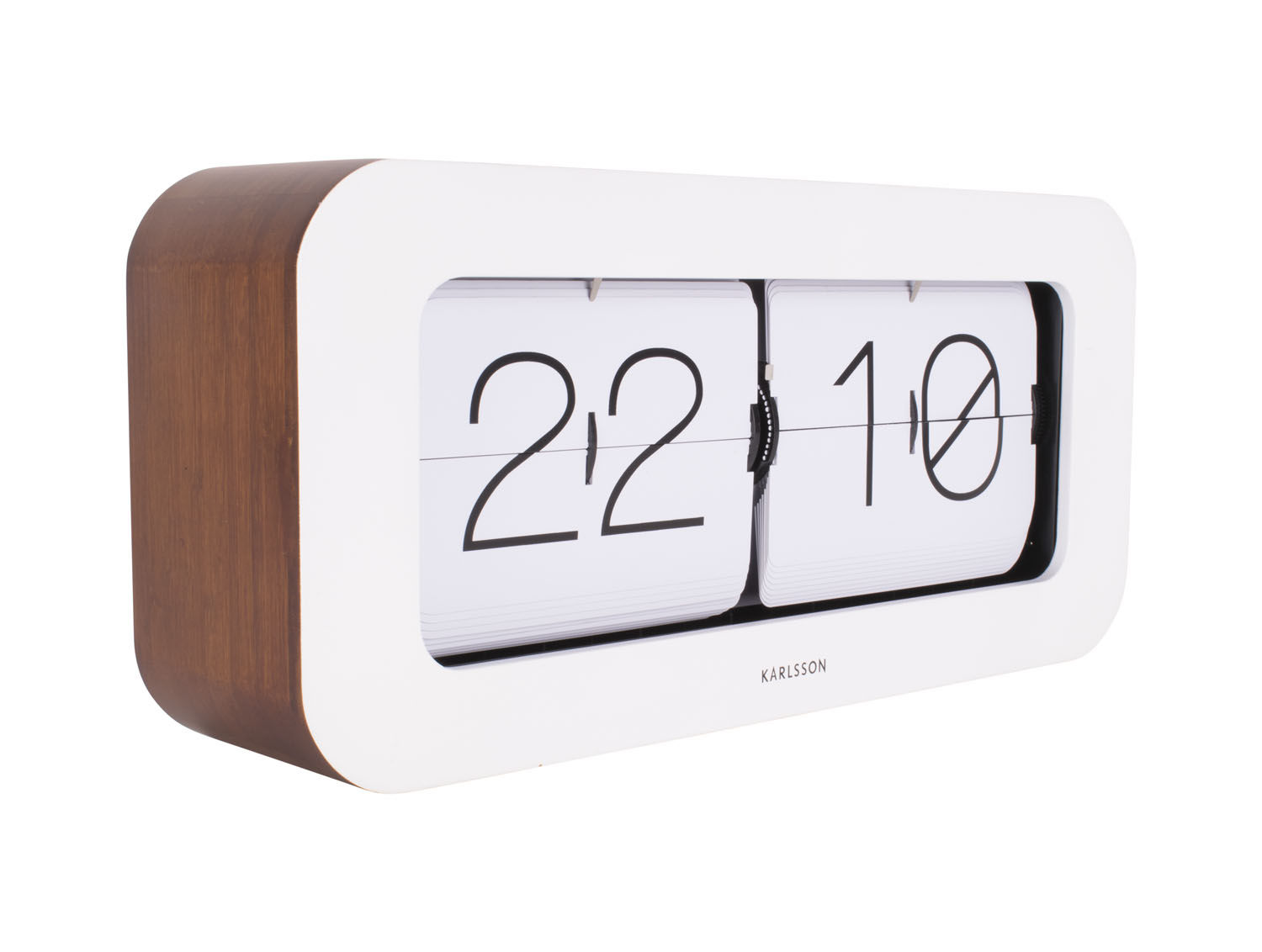 Tafelklok Gakum Wit met flipklokdisplay, wit frame en houten zijkant voor een moderne retro look