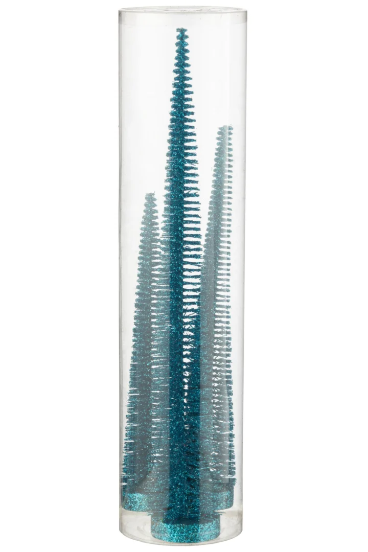 Kerstboom Diskaro kunststof blauw, set van 3 met glitterafwerking, in cilindervormige verpakking