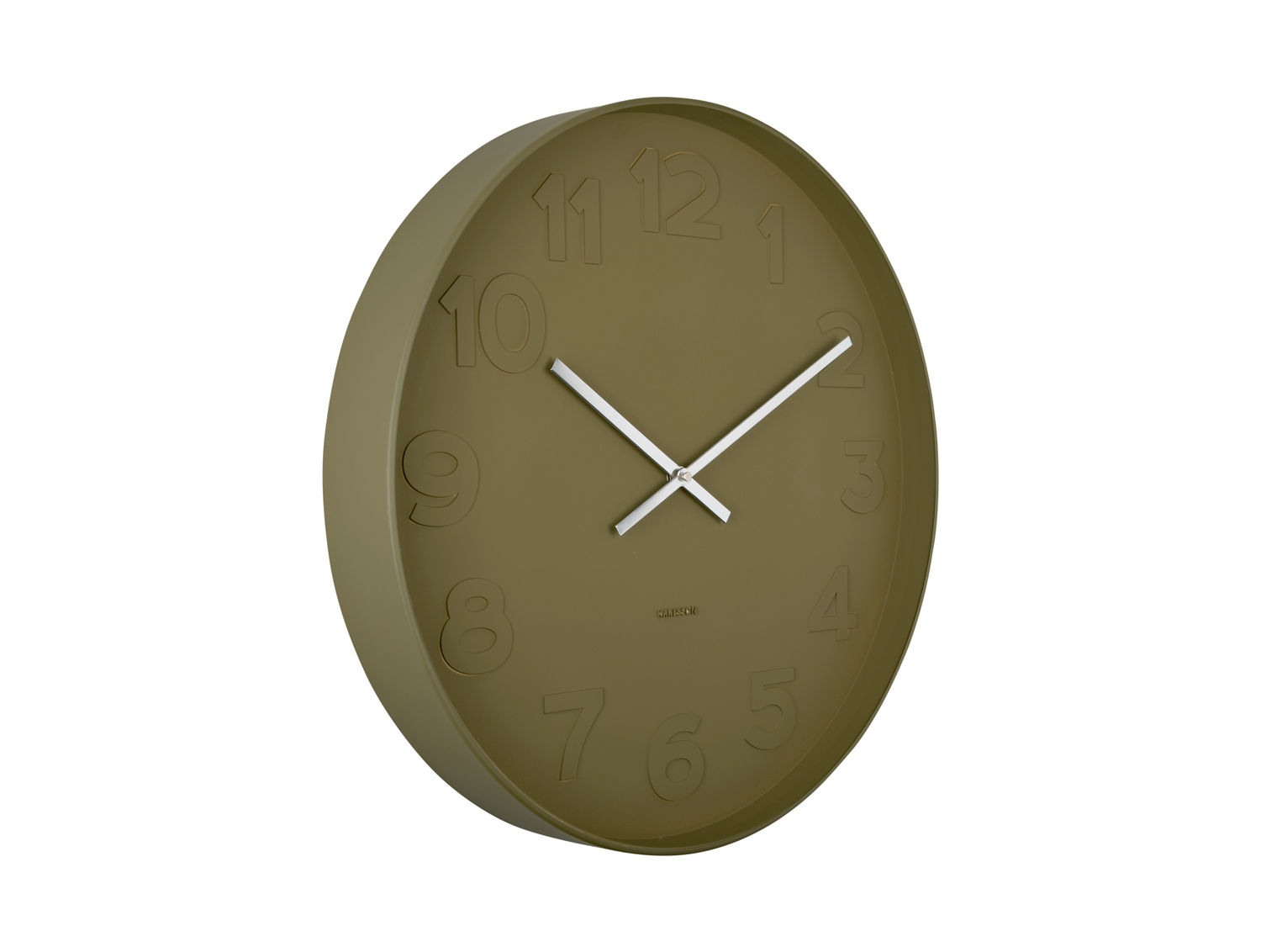 Wandklok Greldun Groen, ronde groene klok van 51 cm met witte wijzers en reliëf cijfers