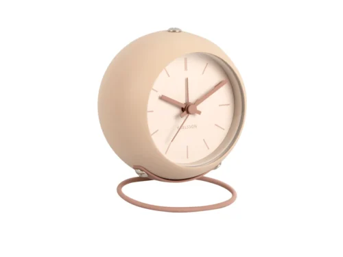Wekker Skoonand Bruin met ronde beige behuizing en roségouden standaard, compact en stijlvol voor elk interieur