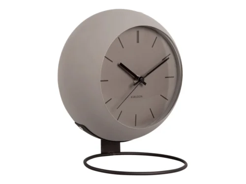 Tafelklok Vaussino grijs met minimalistische wijzerplaat en zwarte standaard, compact en stijlvol voor dressoir of tafel