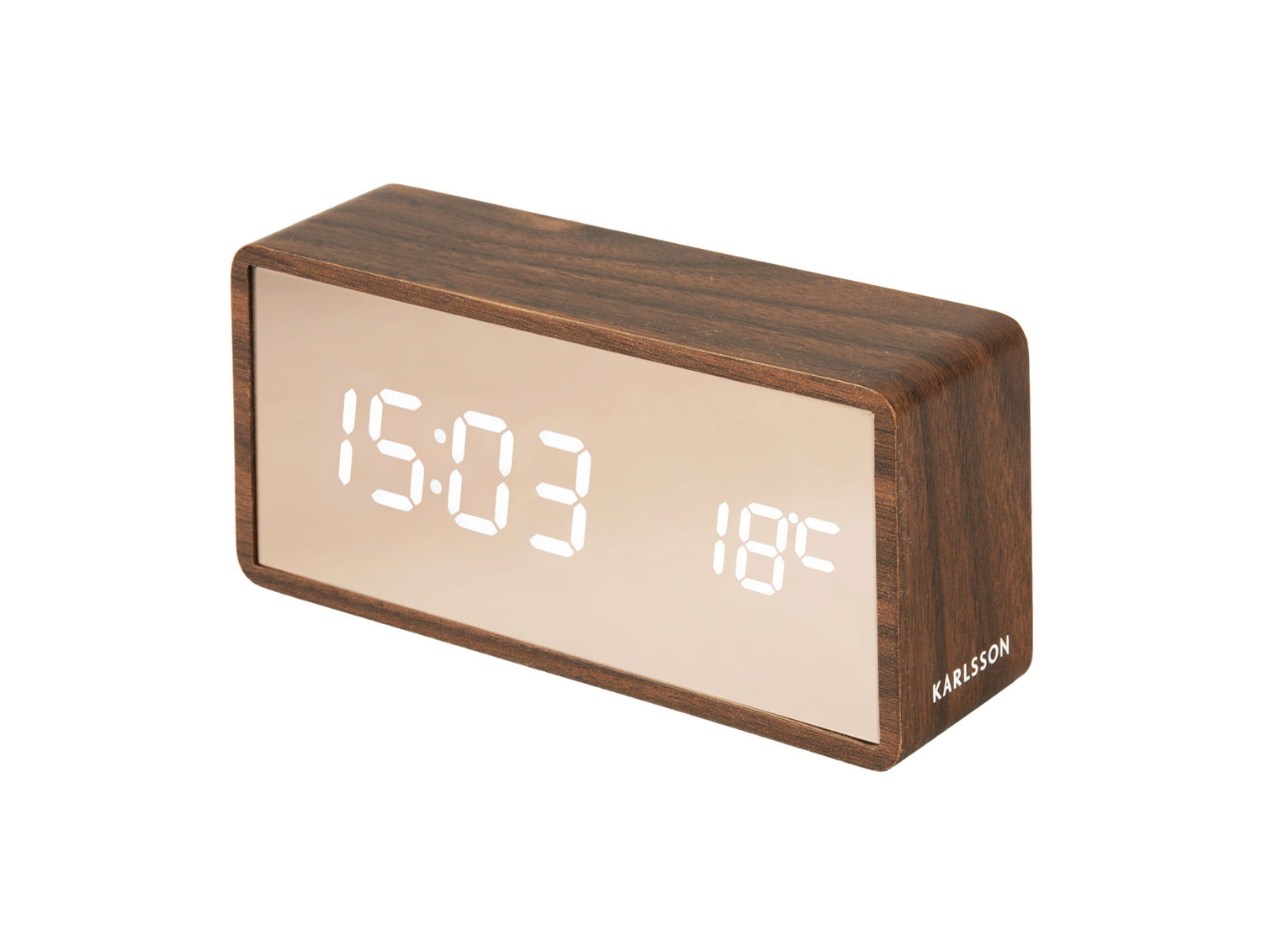 Wekker Haastor Koper met digitale display, compacte houten look en warme koperkleur