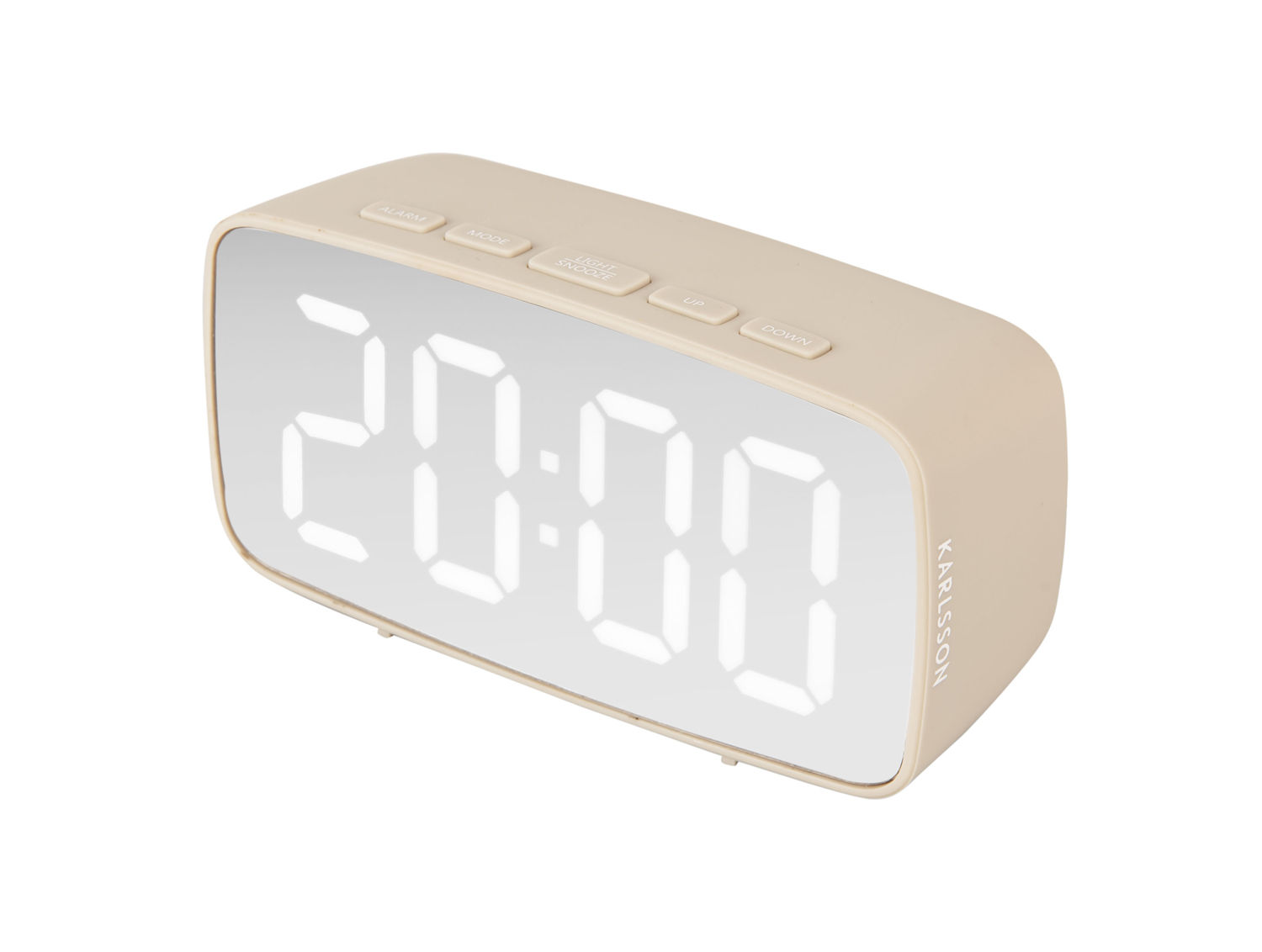 Wekker Kluvel warm grijs, compact digitaal ontwerp met grote LED-cijfers en snooze-knoppen