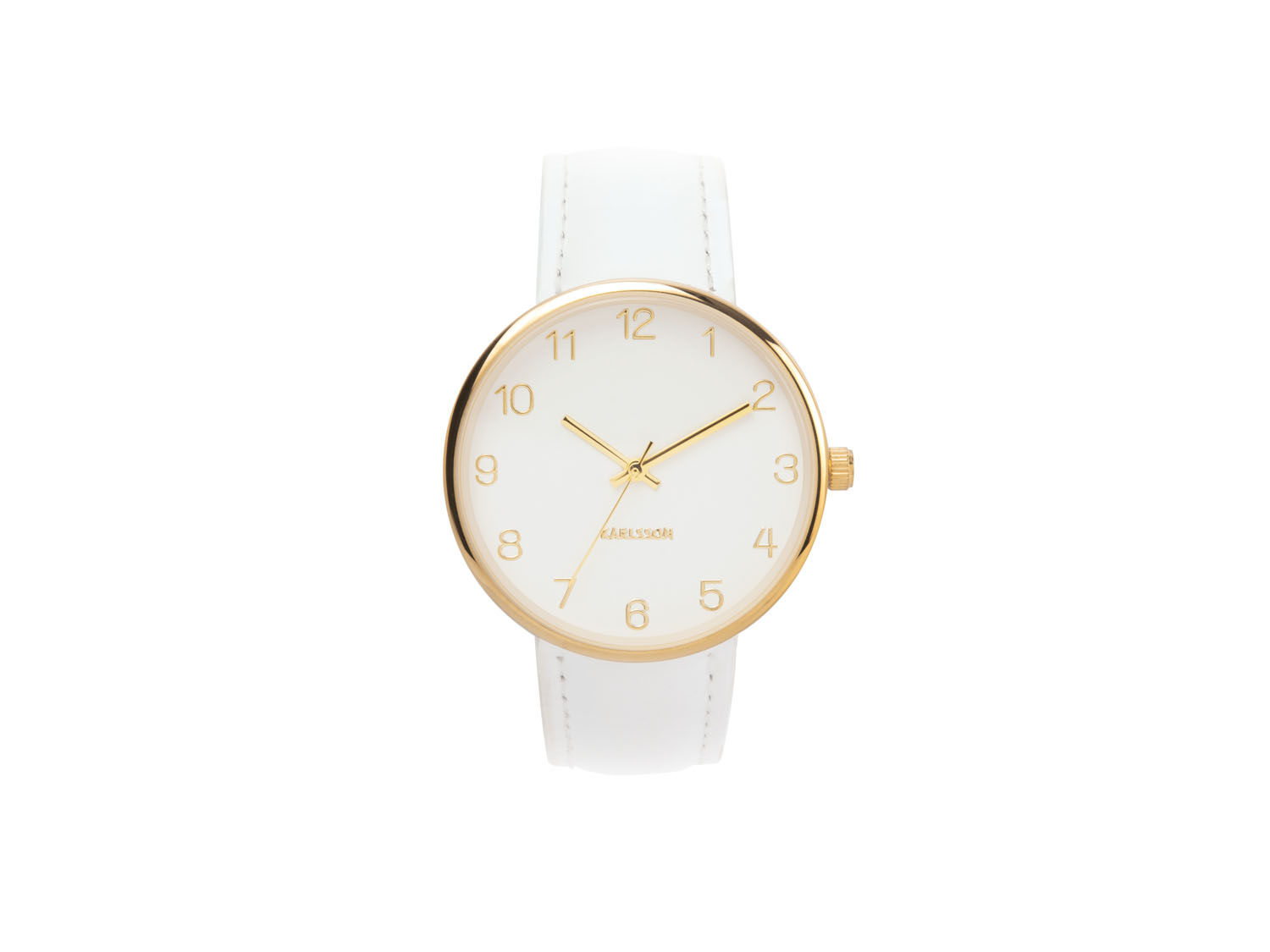 Karlsson Cirmar wit stalen horloge met goudkleurige wijzerplaat en witte band, strak en minimalistisch