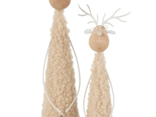 Decoratiefiguur Zitar met beige wollen lijf, houten hoofd en witte hertengeweien, 37 cm hoog