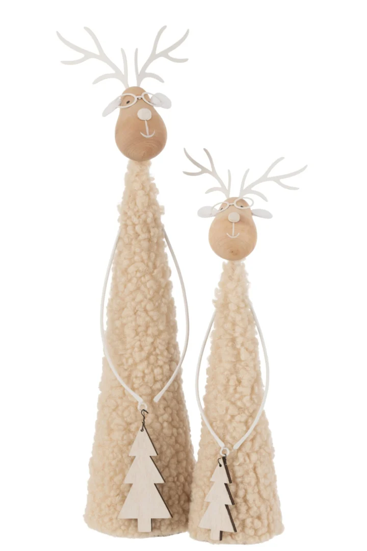Decoratiefiguur Zitar met beige wollen lijf, houten hoofd en witte hertengeweien, 37 cm hoog
