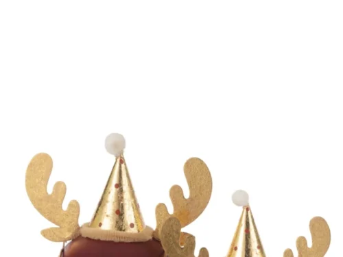 Decoratiefiguur Zoolvin metaal oranje, twee speelse rendieren met goudkleurige details en feestmutsen, 16 cm