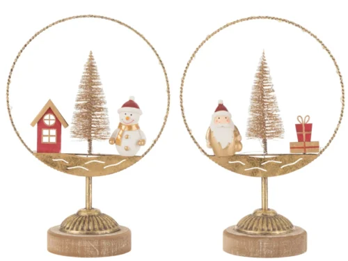 Decoratiefiguur Niekor set van 2 met kerstfiguren, boom en cadeautjes in oranje goud met houten voet