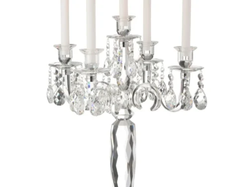 Kandelaar Skaurman van transparant kristal met vijf armen en brandende kaarsen, elegant en hoog design