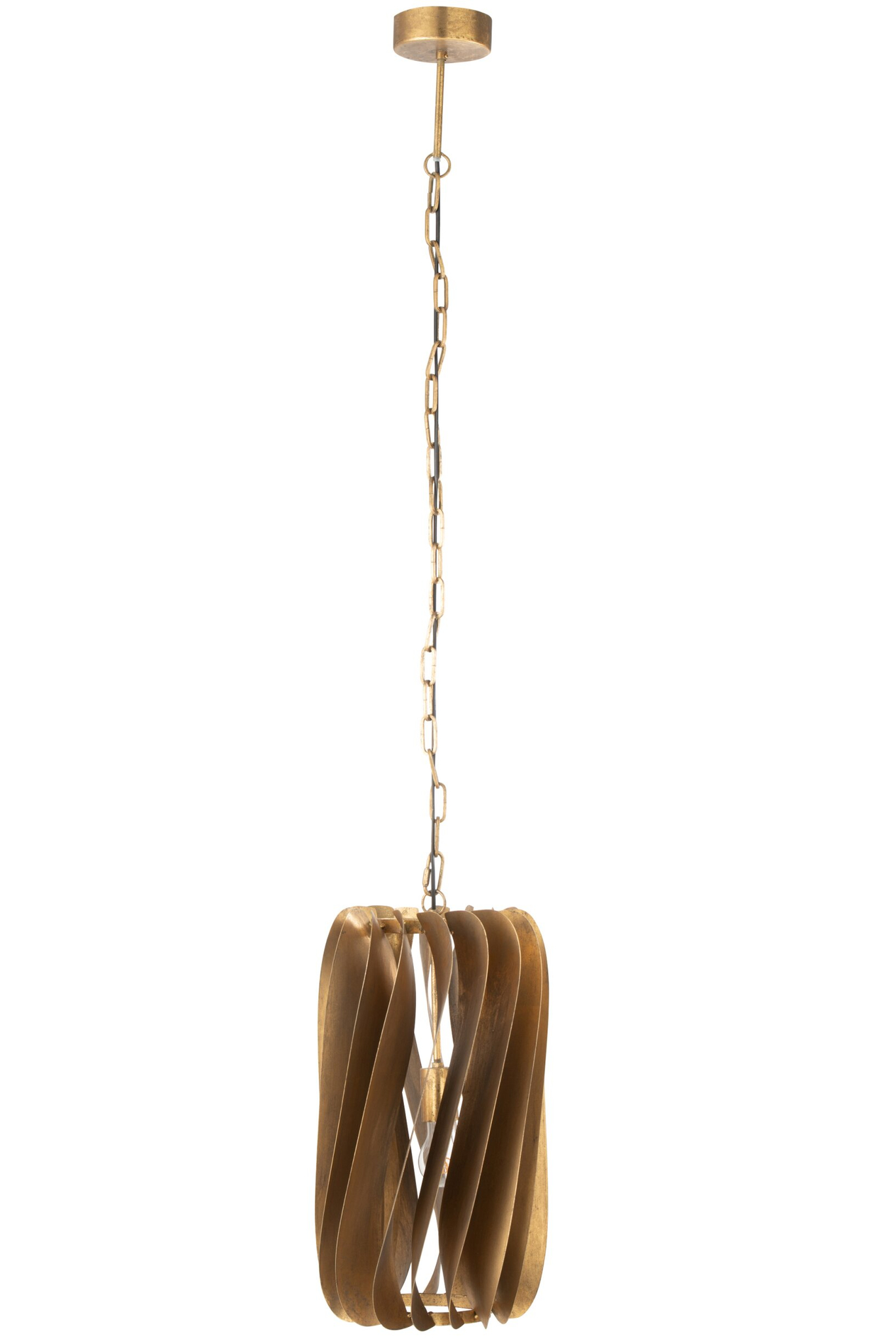 Plafondlamp Fauldek goud met slanke ketting en opengewerkte metalen kap in warme uitstraling