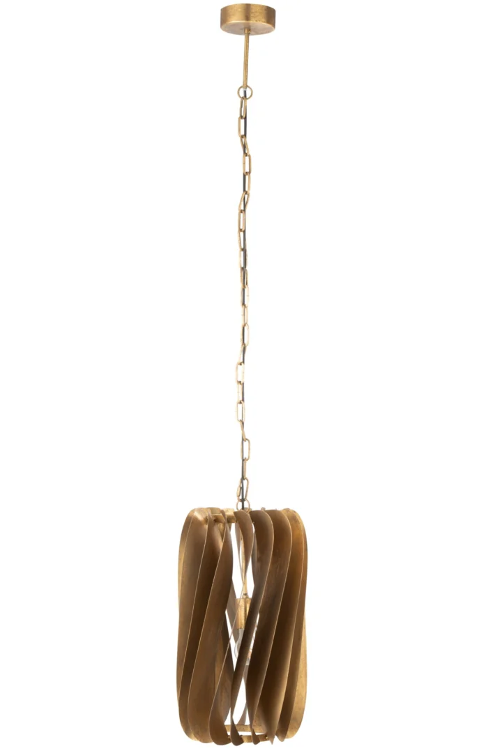 Plafondlamp Fauldek goud met slanke ketting en opengewerkte metalen kap in warme uitstraling