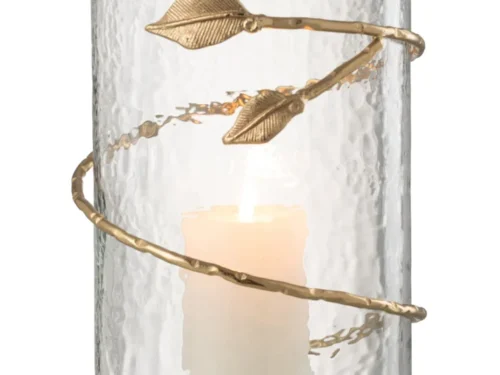 Vaas Ceetang glas transparant H34 cm met gouden bladeren en ijzeren ring, slank en stijlvol woonaccessoire
