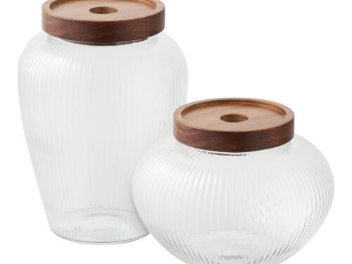 Opbergpot Haastir glas met acaciahouten deksel, set van 2 in twee formaten voor keuken of voorraadkast