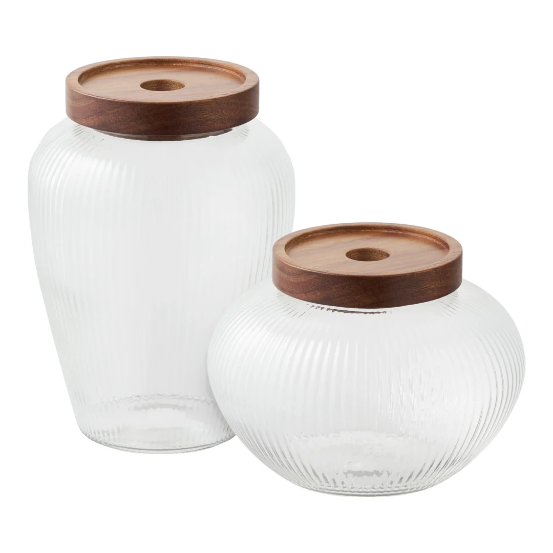 Opbergpot Haastir glas met acaciahouten deksel, set van 2 in twee formaten voor keuken of voorraadkast