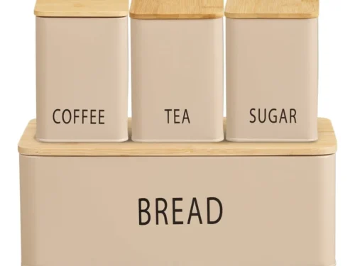 Brooddoos Meesone Bamboe Beige set van 4 met BREAD, COFFEE, TEA en SUGAR labels, bamboe deksels