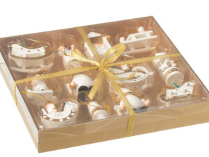Opbergdoos Fosta hout meerkleurig, compacte geschenkdoos met transparant deksel en gouden strik, gevuld met ornamenten