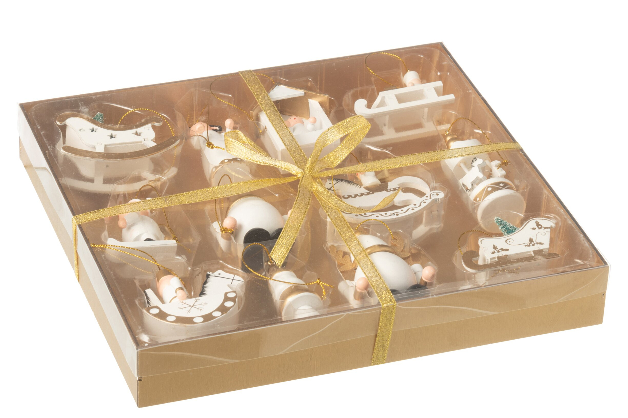 Opbergdoos Fosta hout meerkleurig, compacte geschenkdoos met transparant deksel en gouden strik, gevuld met ornamenten