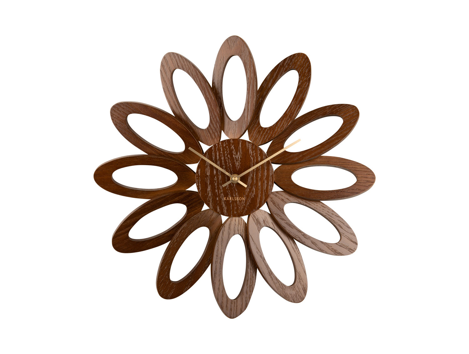 Karlsson Wandklok Tieltand Zwart met bloemvormig houten design en minimalistische wijzerplaat