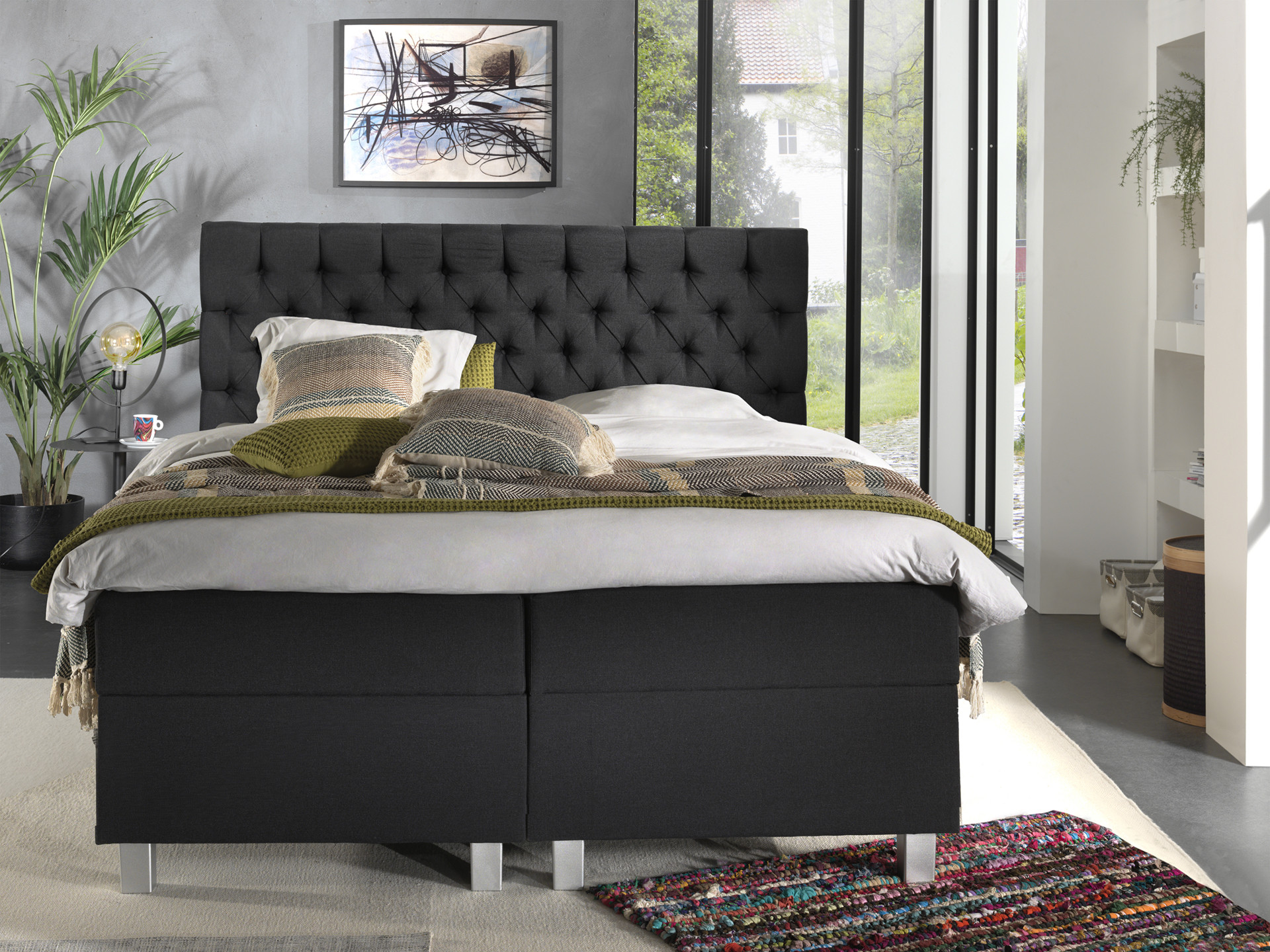 Boxspring Stoorang Antraciet 140x200 met gecapitonneerd hoofdbord en opbergbox in moderne meubelstof