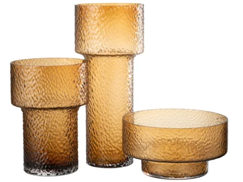 Vaas Flardis glas bruin, lage brede vaas met getextureerd amberkleurig glas en moderne uitstraling