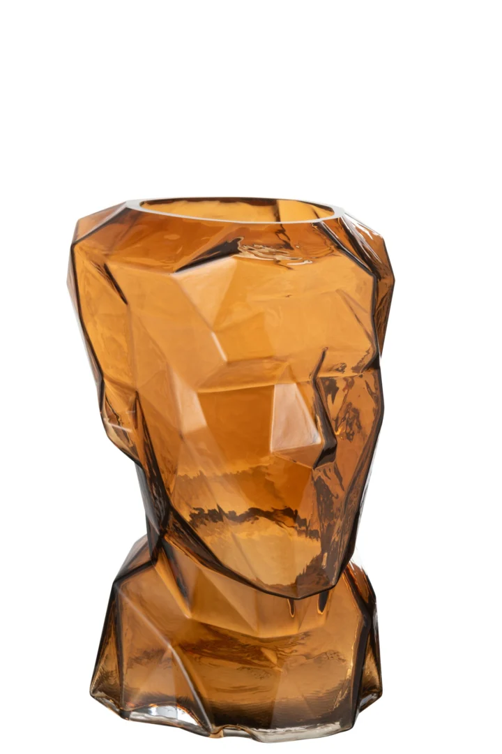 Bruine glazen Vaas Face met modern gezichtdesign, 30 cm hoog en stijlvol decoratief voor elk interieur