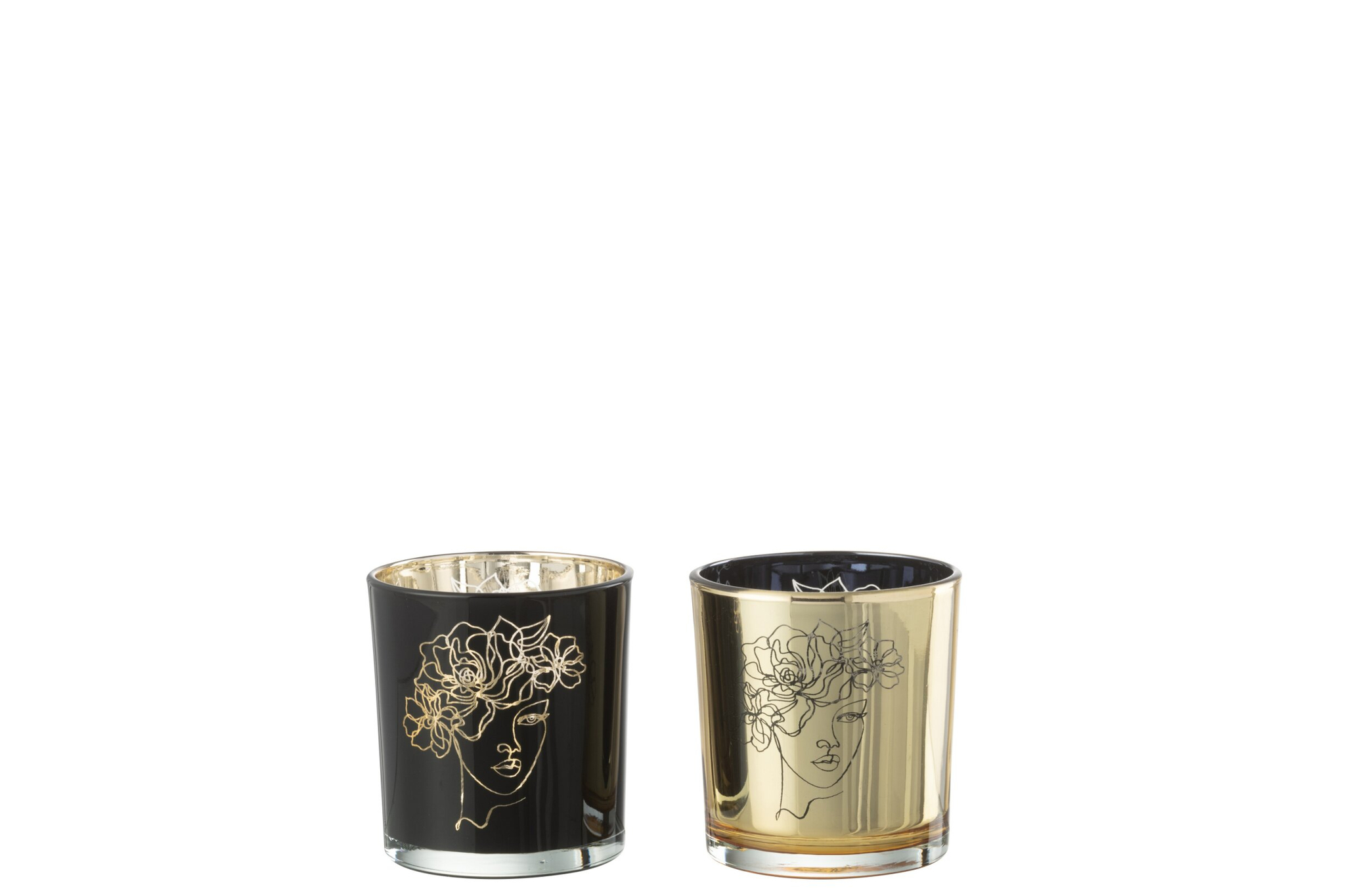 Zeldano waxinelichthouder set van 2 zwart glas met gouden accenten en vrouwengezicht