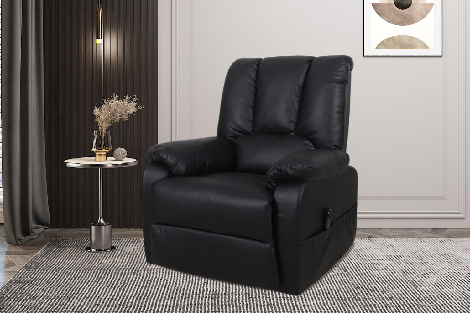 Relaxstoel Boorik Zwart, royale zwarte fauteuil met hoge rug en brede armleuningen in modern interieur