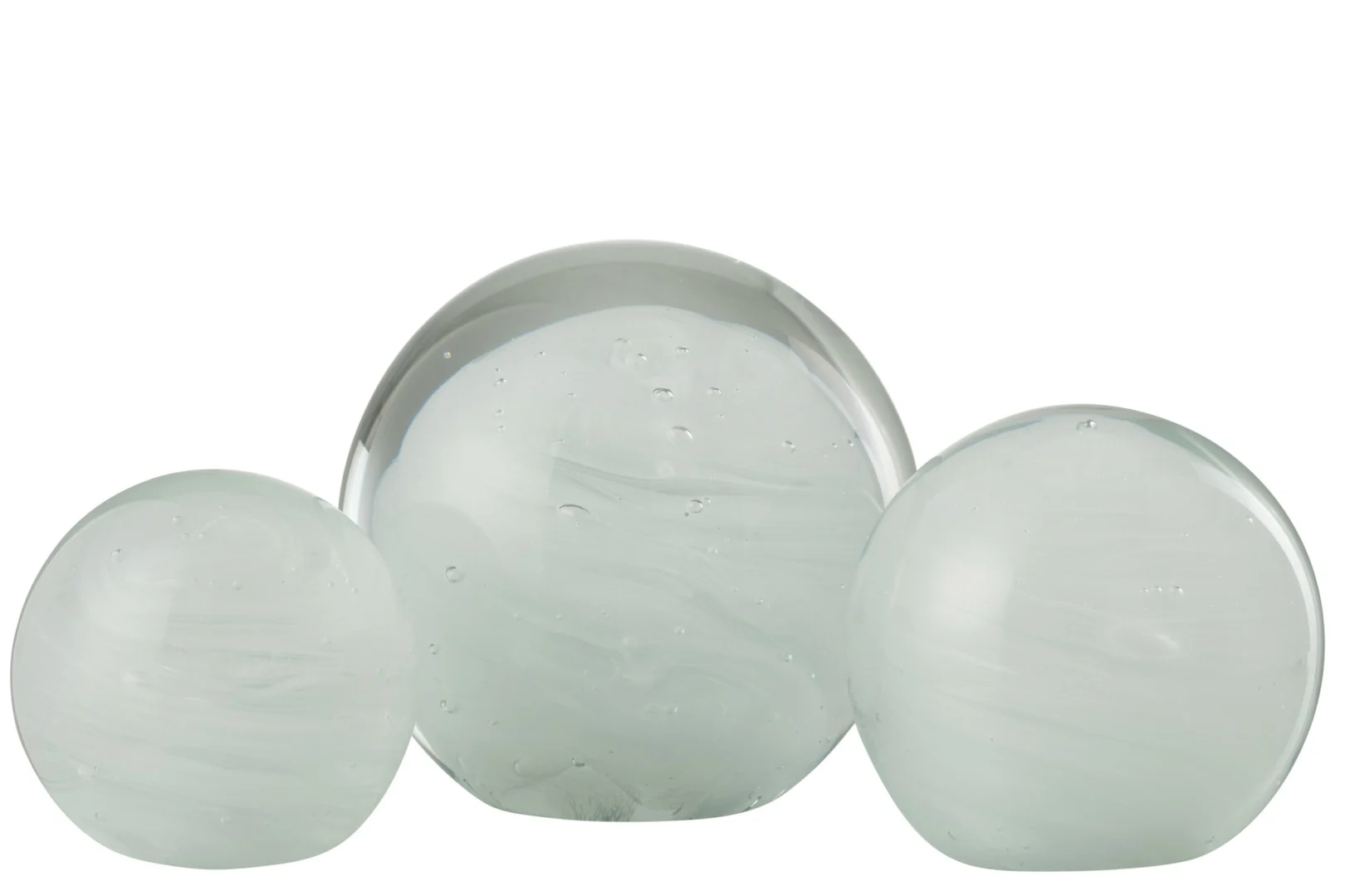 Rondglas Kulven Glas Wit: drie ronde witte glazen bollen als stijlvolle decoratie en presse-papier