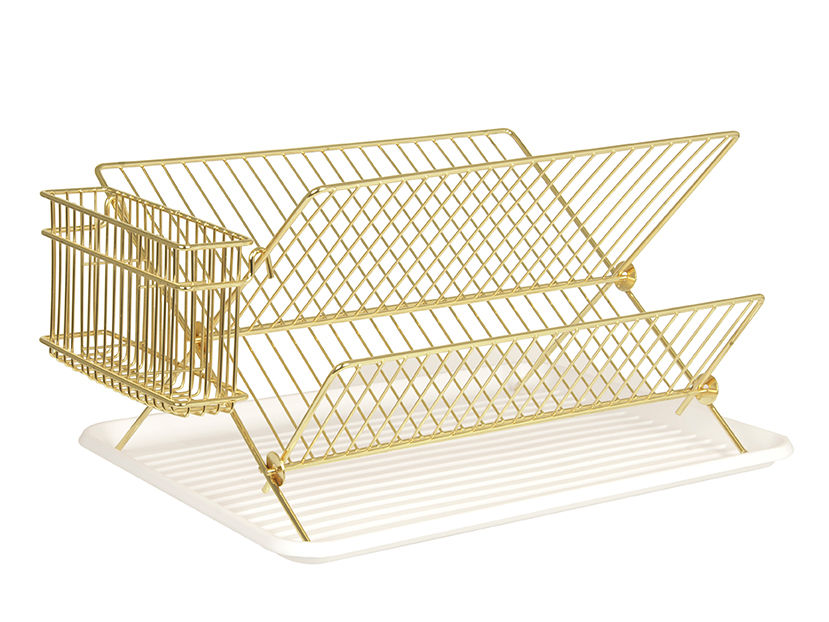 Woonaccessoire Braubil goud, gouden metalen wandrek met witte lekbak en mandje voor keukenopberging