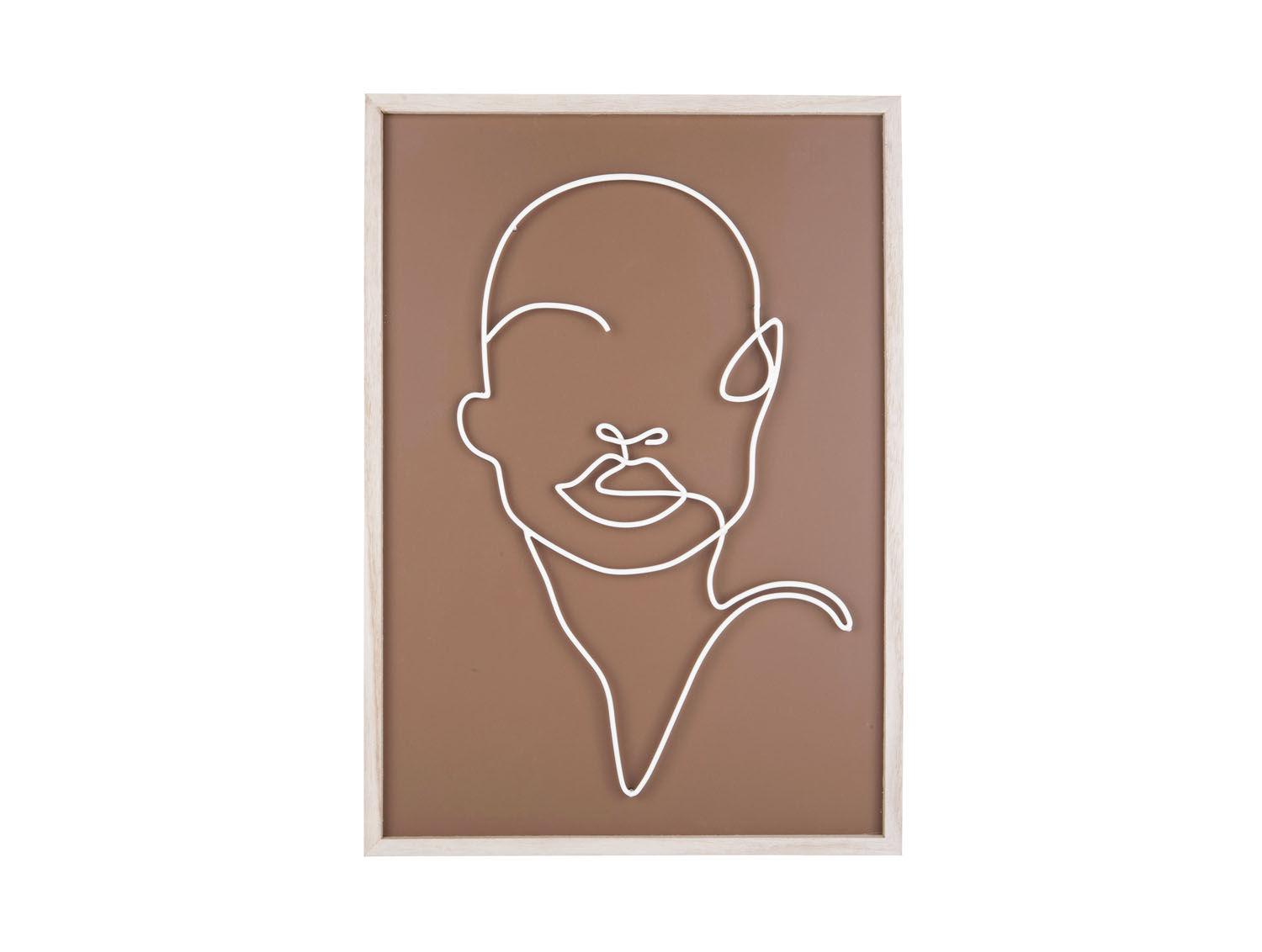 Wanddecoratie Griedine 32x45 cm met minimalistische witte lijntekening op bruin paneel en houten lijst