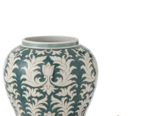 Pot Jiety porselein meerkleurig, amfoorvormig met klassiek bladmotief en losse deksel, H51 cm