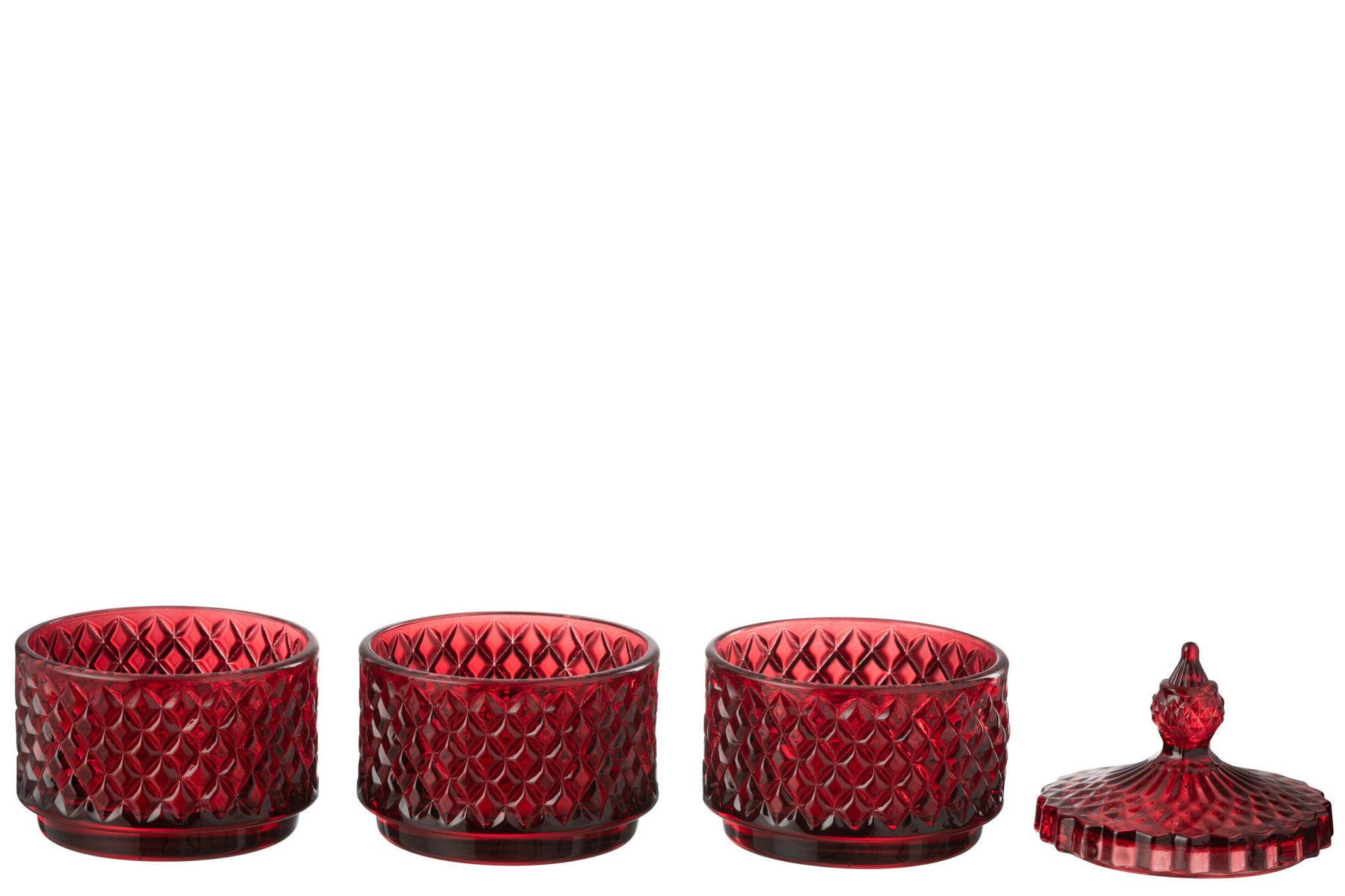 Jaukal glazen pot rood H20 cm met slanke vorm en facetstructuur, elegant in winterse woondecoratie