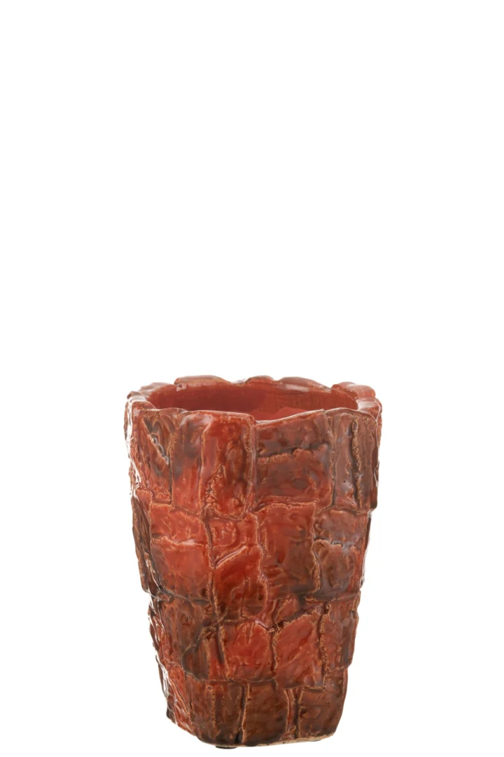 Vaas Trindaro Klei Rood H24 cm, handgevormd met reliëf en diepe roodbruine afwerking