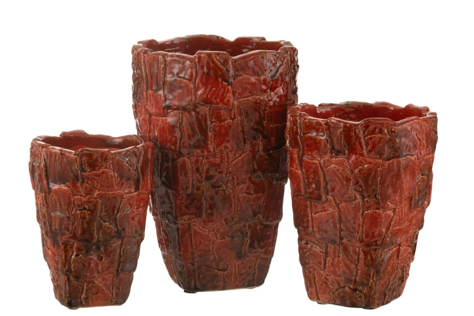 Vaas Keermum Klei Rood H36,5 cm met rustieke structuur en warme rode glans, in drie maten weergegeven