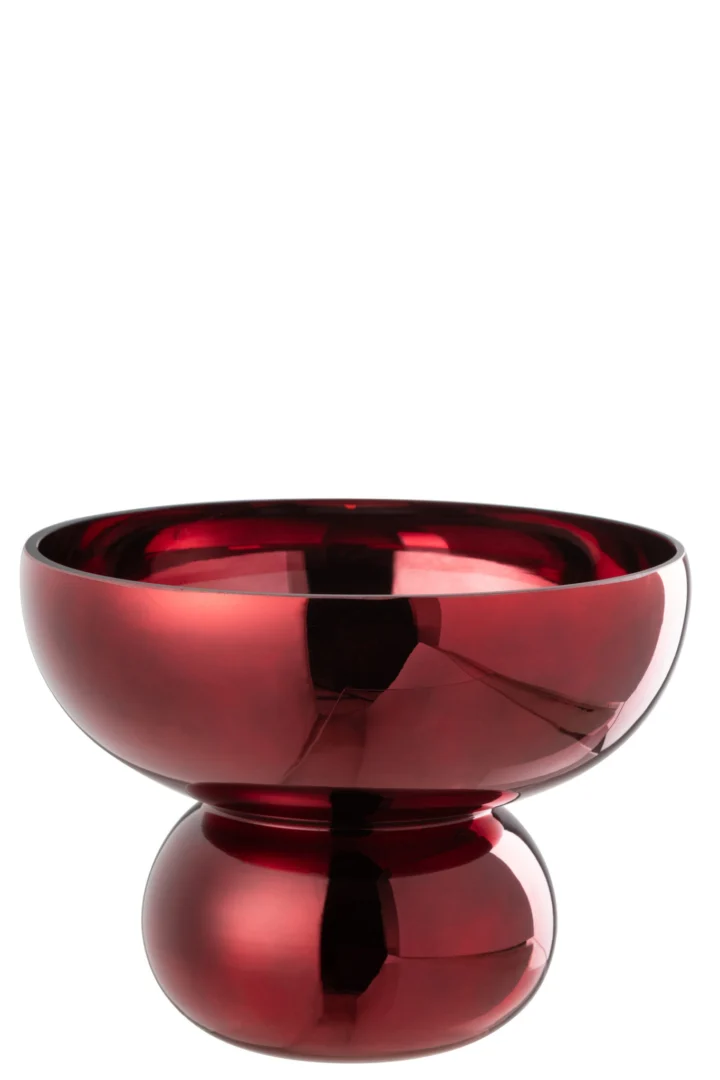 Kom Russaro Glas Rood, ronde decoratieve schaal met voet in donkerrood glas