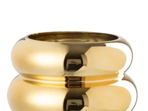 Faldonte glazen vaas goud, compacte ronde vorm met glanzende afwerking en brede opening