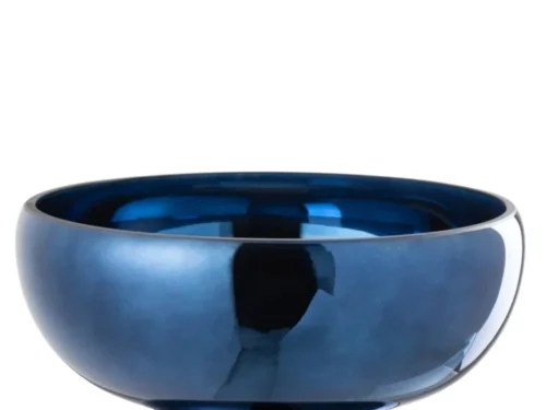 Kom Rossel glazen schaal blauw met voet, ronde glanzende vorm als stijlvol woonaccessoire