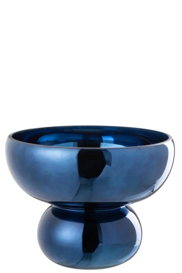 Kom Rossel glazen schaal blauw met voet, ronde glanzende vorm als stijlvol woonaccessoire