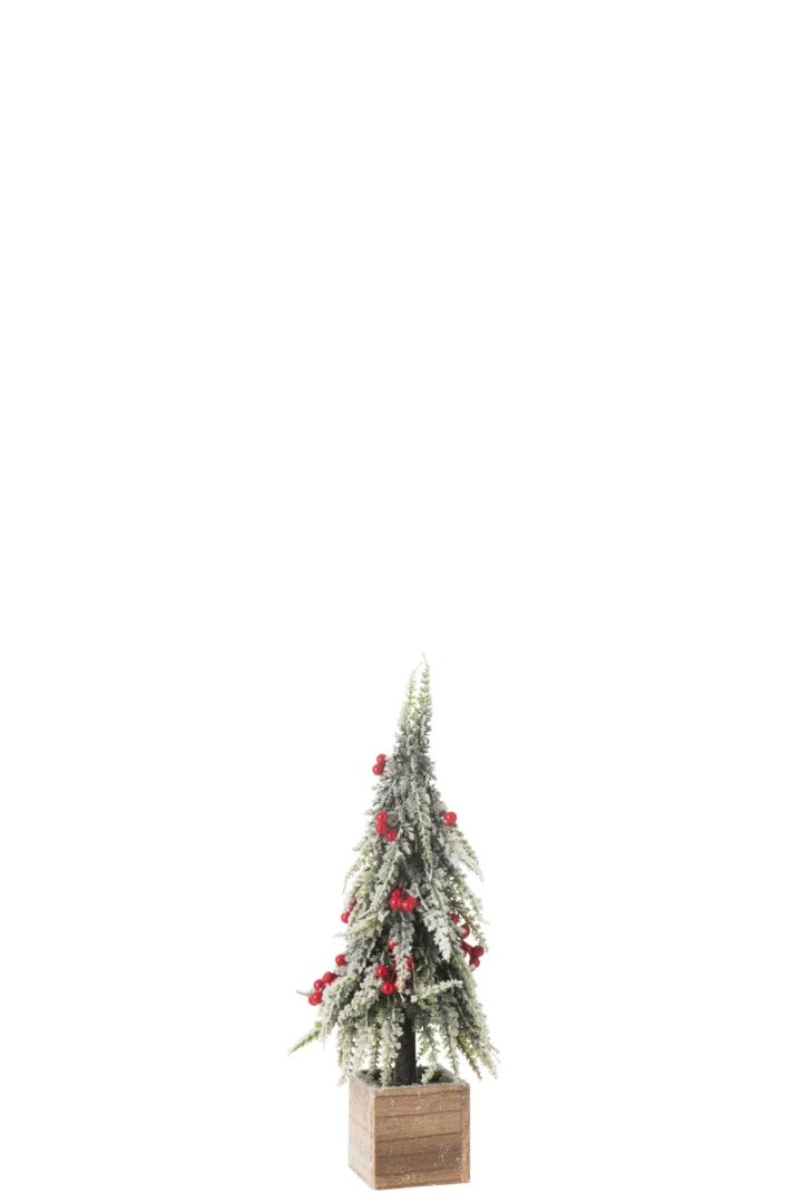 Kerstboom Liernin kunstkerstboom rood 40 cm met kunstsneeuw en rode bessen in houten pot