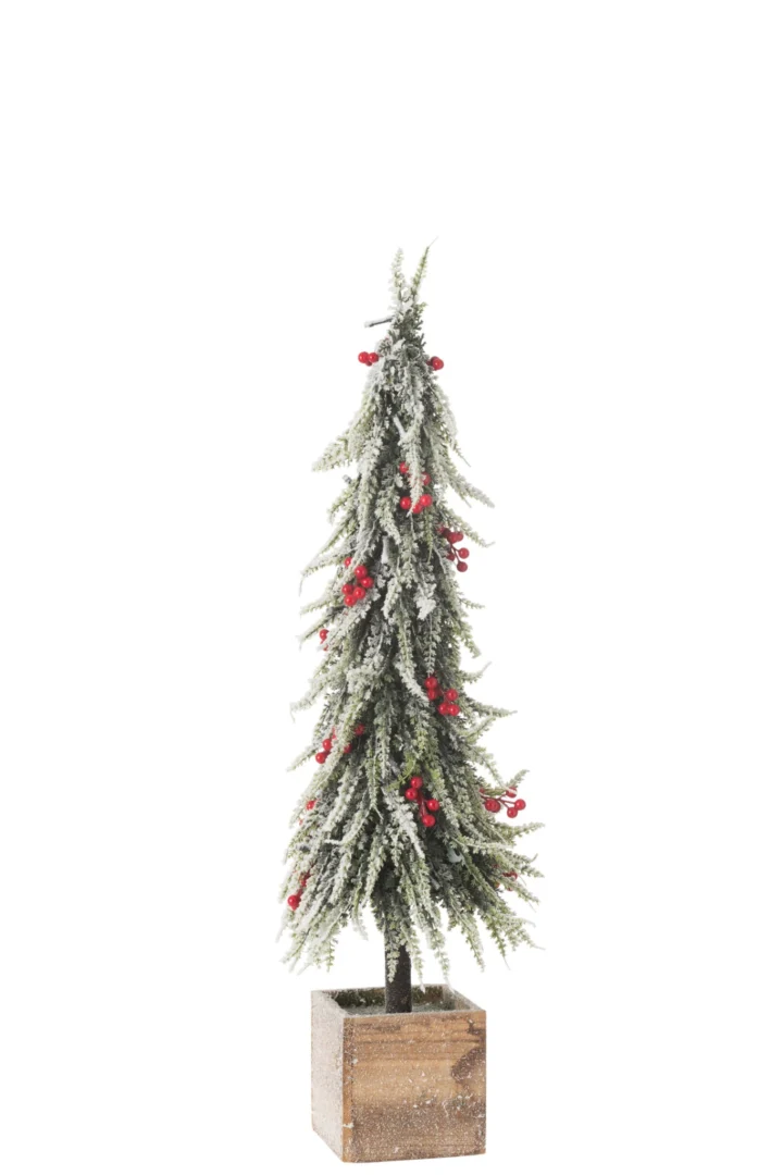 Kerstboom Prormero kunststof rood H75 cm, besneeuwd met rode bessen in houten pot