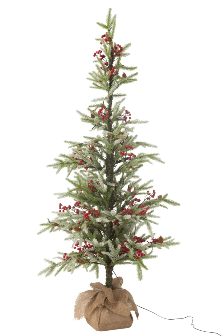 Kerstboom Grielly kunststof met rode bessen, smalle kunstkerstboom van 150 cm in jute zakmiddelen