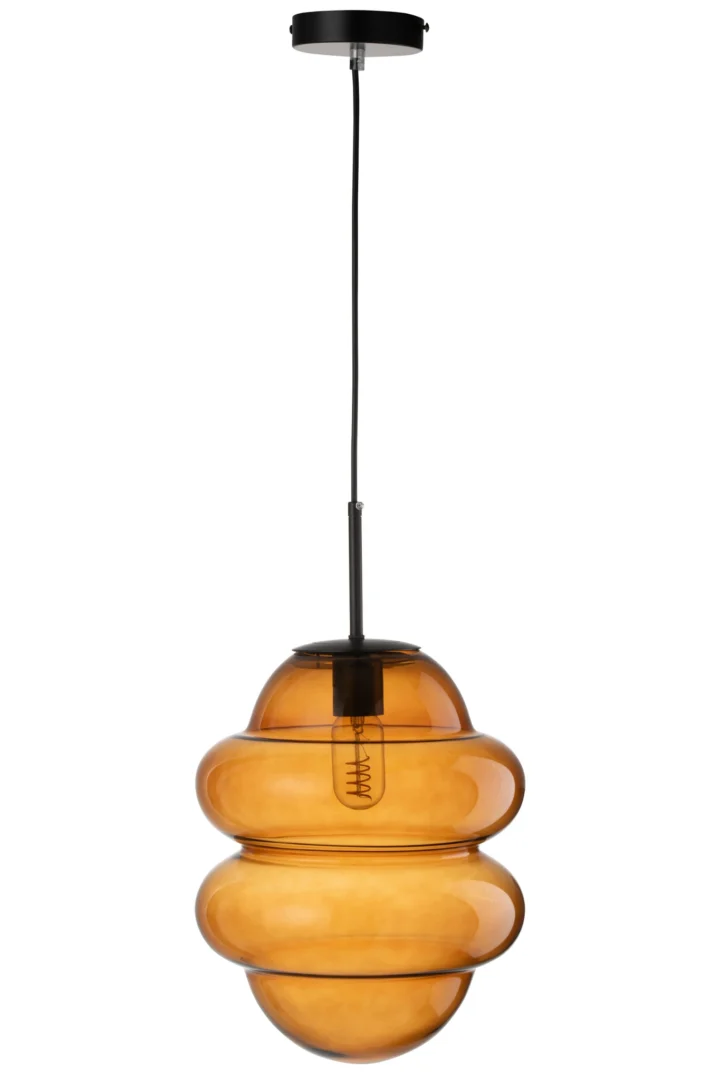 Hanglamp Heernan Glas met bruin glas en slanke zwarte ophanging, sfeervol boven tafel of in de hal