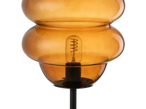 Tafellamp Honey Spoon van bruin glas met zwarte voet, 52 cm hoog, sfeervol en compact
